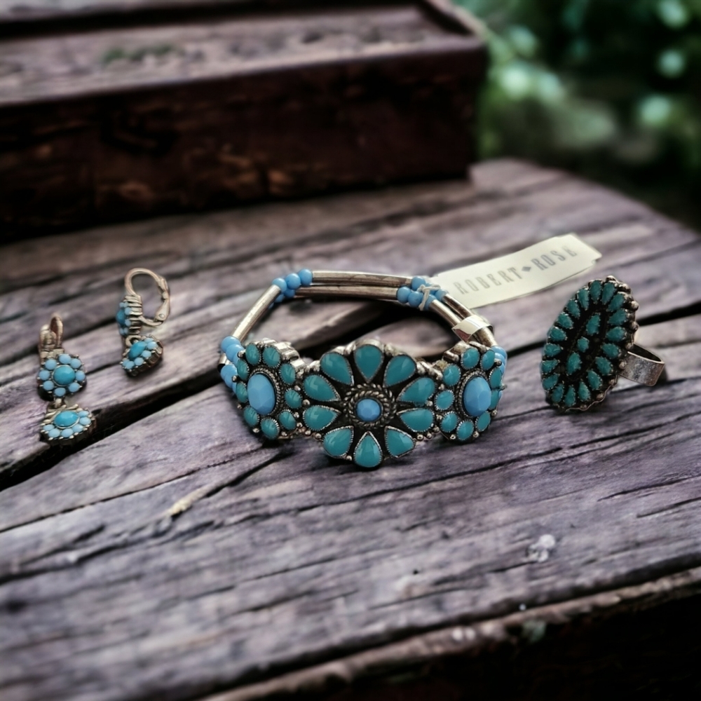 Turquoise Fashion Jewelry Set of Ring, dangle Earrings, and Robert Rose Bracelet